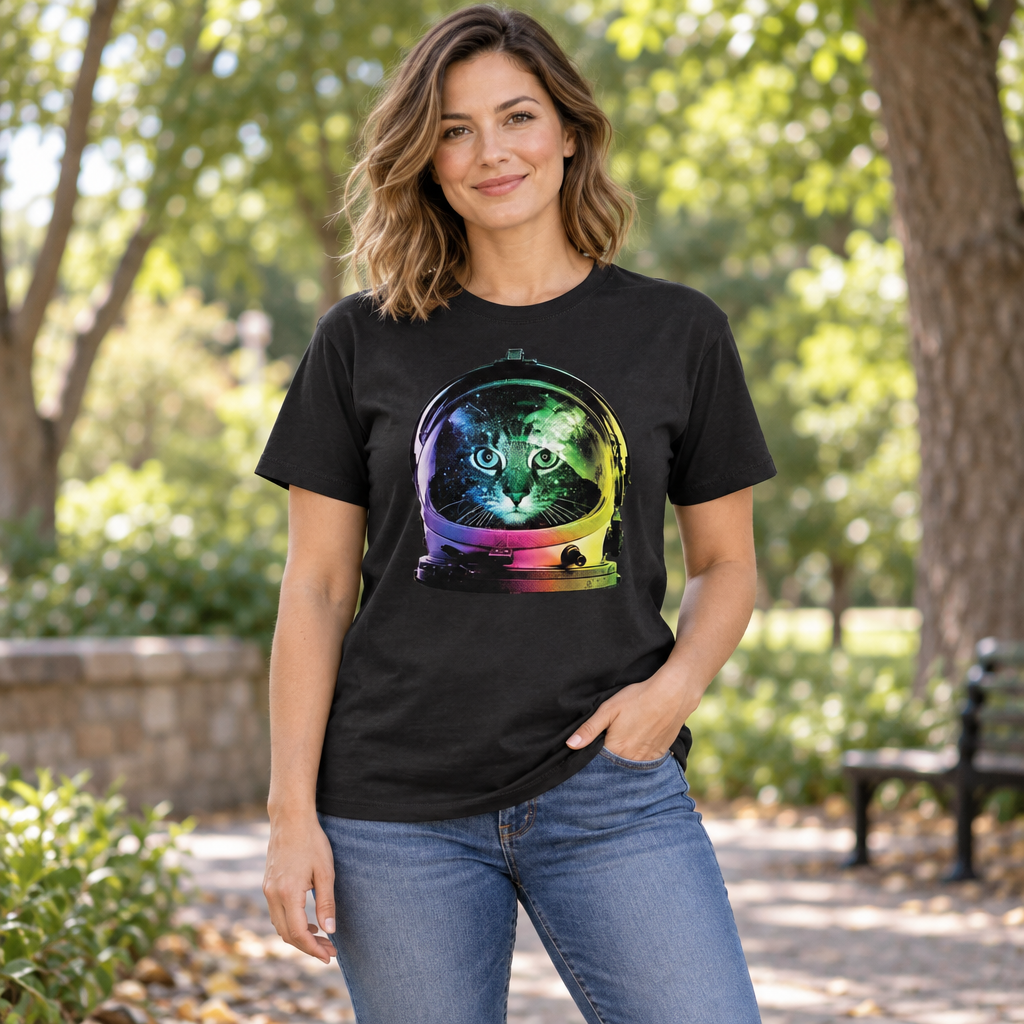 Neon Space Cat — Black T-Shirt — lifestyle alt