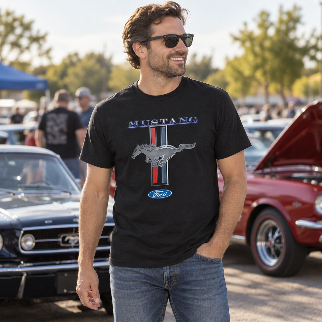 Ford Mustang Pony Stripe — Black T-Shirt — lifestyle alt