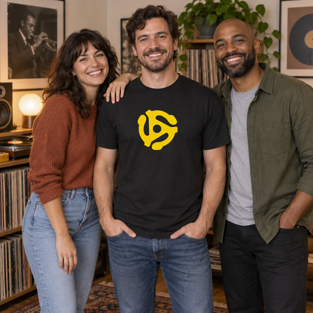 45 RPM Record Adapter — Black T-Shirt — lifestyle group
