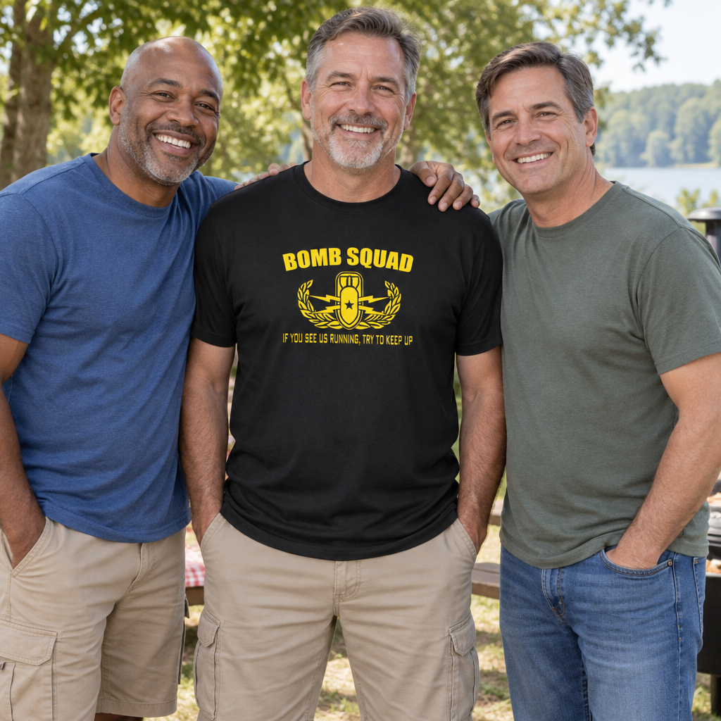 Bomb Squad Running Joke — Black T-Shirt — lifestyle group