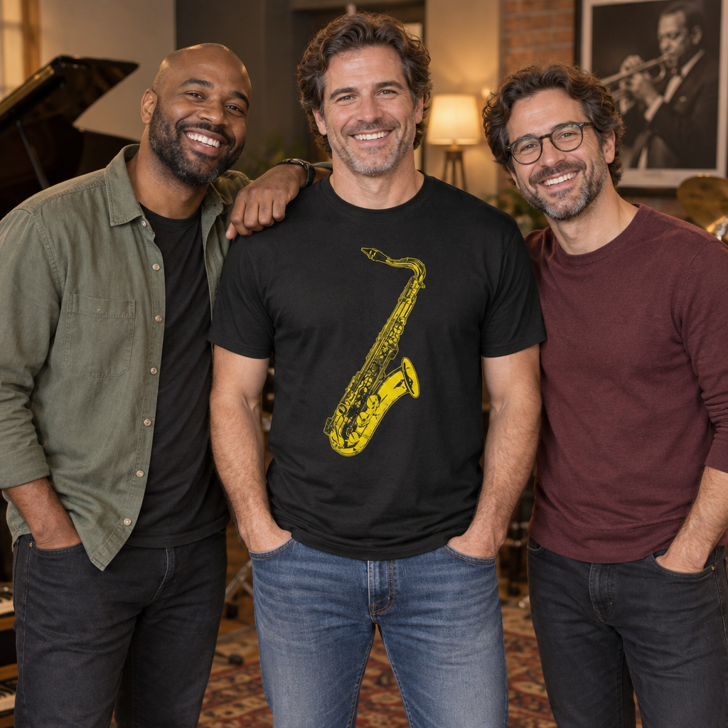Golden Saxophone — Black T-Shirt — lifestyle group