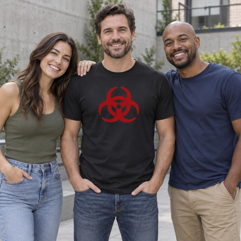 Red Biohazard Symbol — Black T-Shirt — lifestyle group