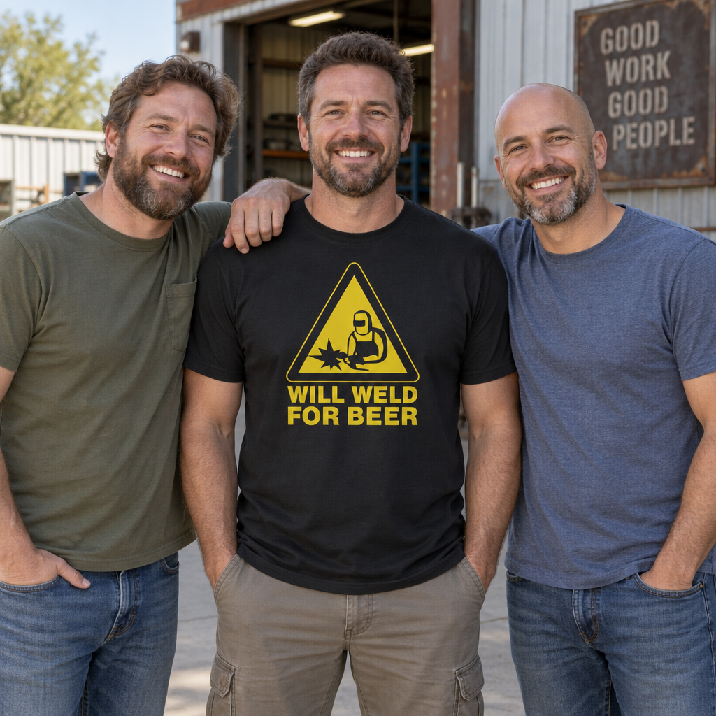 Will Weld for Beer — Black T-Shirt — lifestyle group