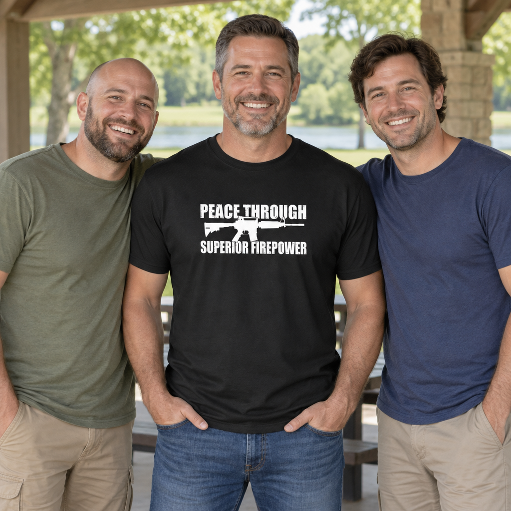 Peace Through Superior Firepower — Black T-Shirt — lifestyle group