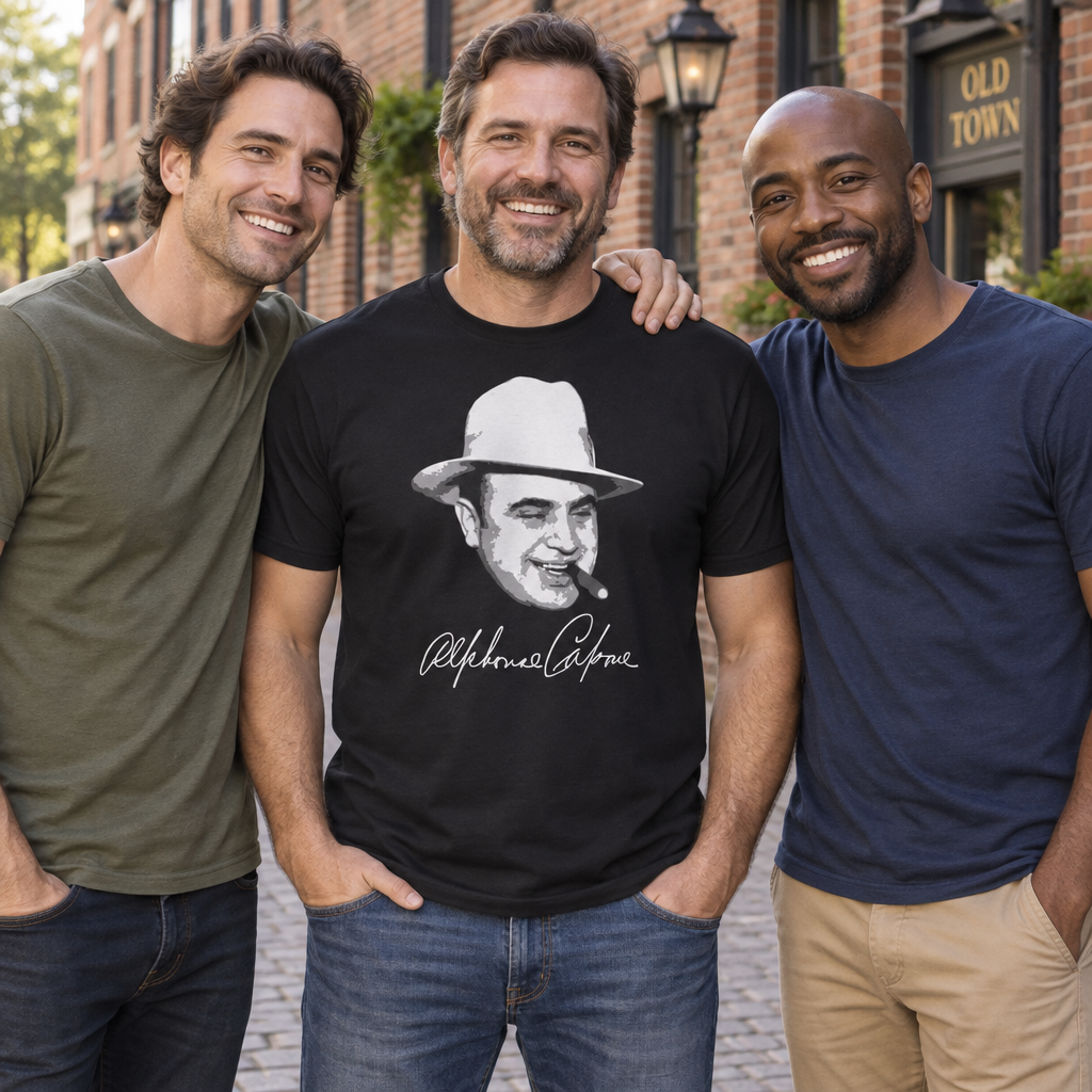 Alphonse Capone Portrait and Signature — Black T-Shirt — lifestyle group