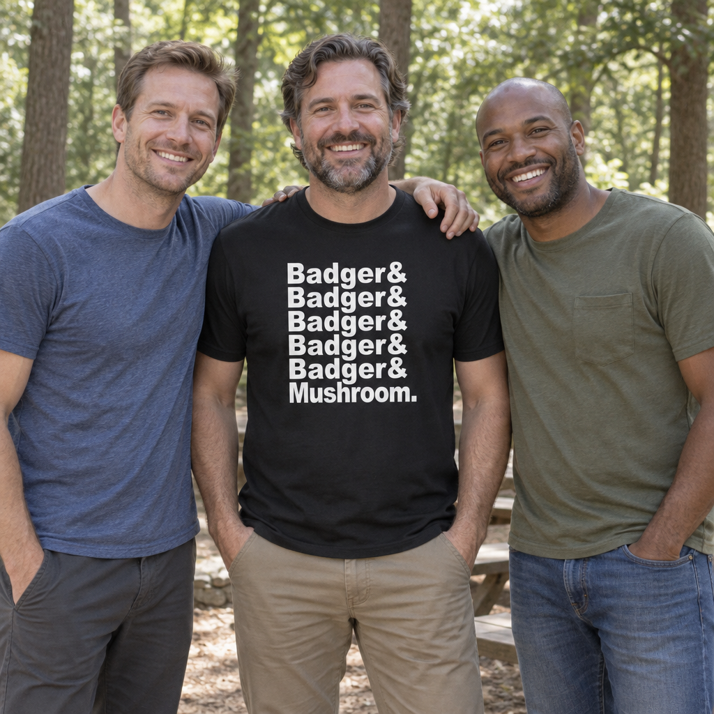 Badger Badger Mushroom — Black T-Shirt — lifestyle group