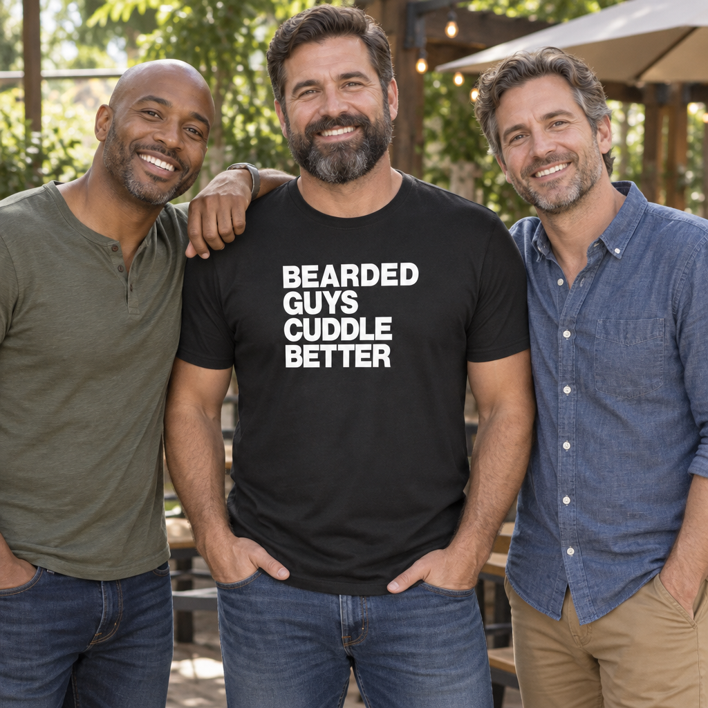 Bearded Guys Cuddle Better — Black T-Shirt — lifestyle group