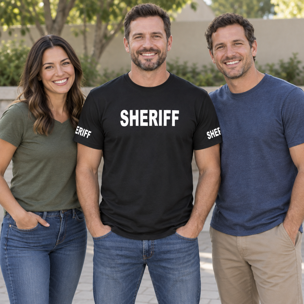 Sheriff Front and Sleeve Lettering — Black T-Shirt — lifestyle group