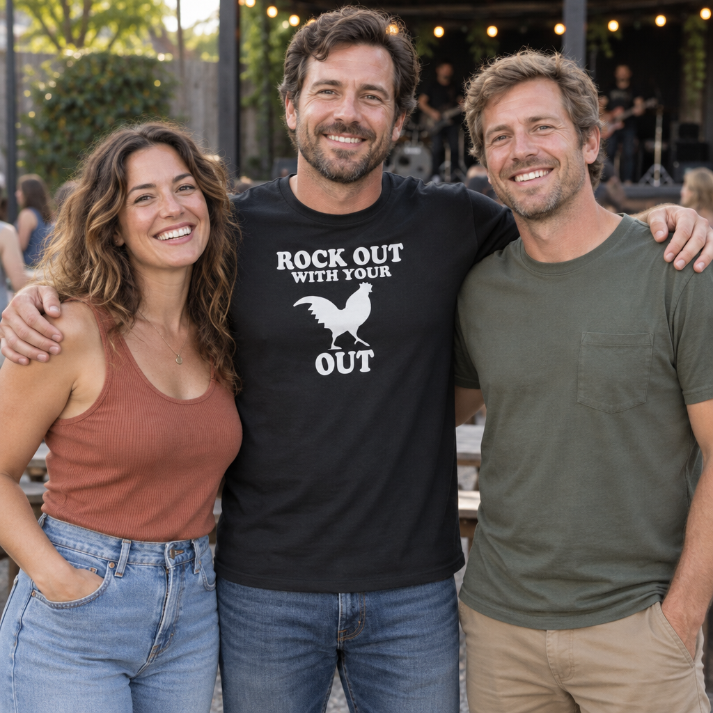 Rock Out With Your Rooster Out — Black T-Shirt — lifestyle group