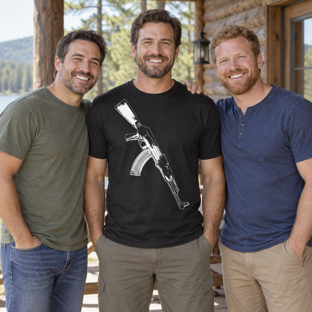 AK-47 Rifle Sketch — Black T-Shirt — lifestyle group