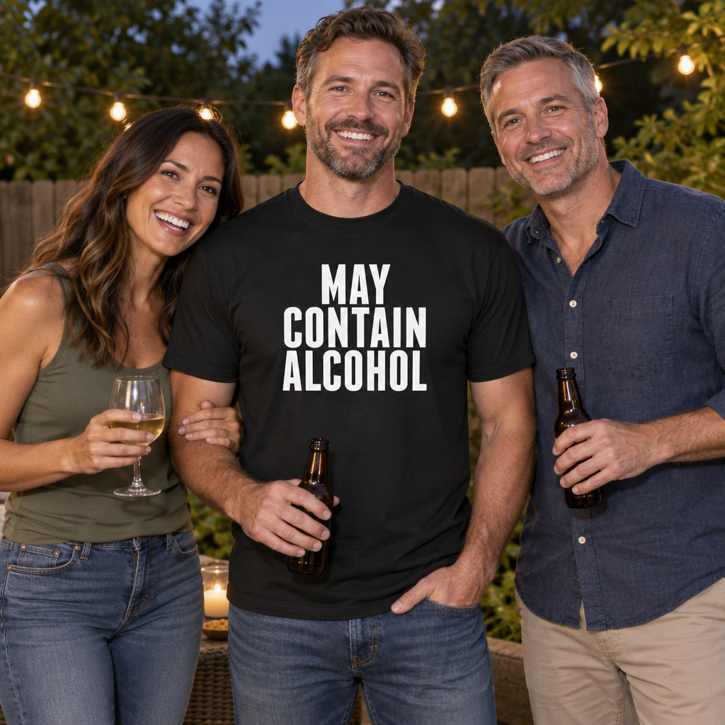 May Contain Alcohol — Black T-Shirt — lifestyle group