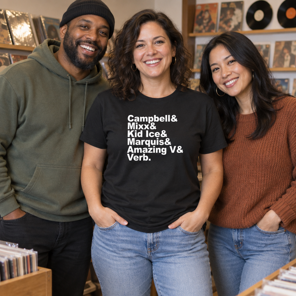 Campbell Mixx Kid Ice Marquis Amazing V Verb Names — Black T-Shirt — lifestyle group