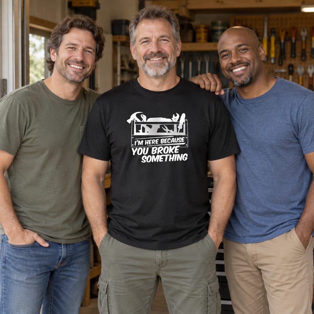 Here Because You Broke Something — Black T-Shirt — lifestyle group