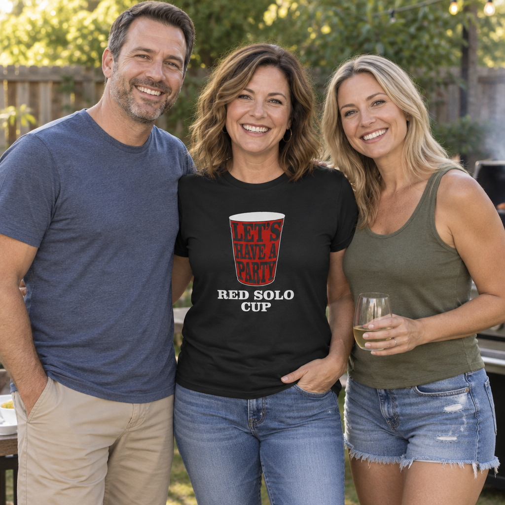 Red Solo Cup, Let's Have a Party — Black T-Shirt — lifestyle group