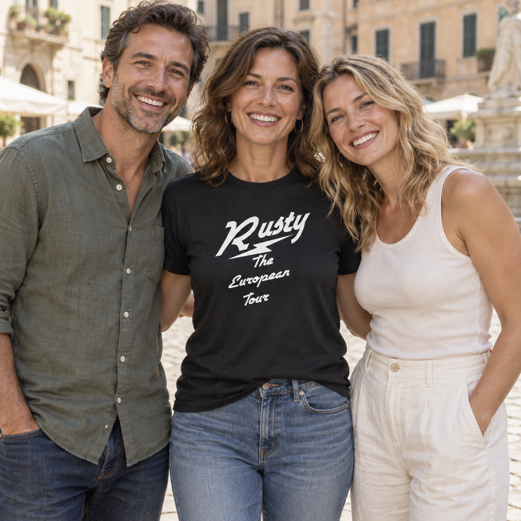Rusty the European Tour — Black T-Shirt — lifestyle group