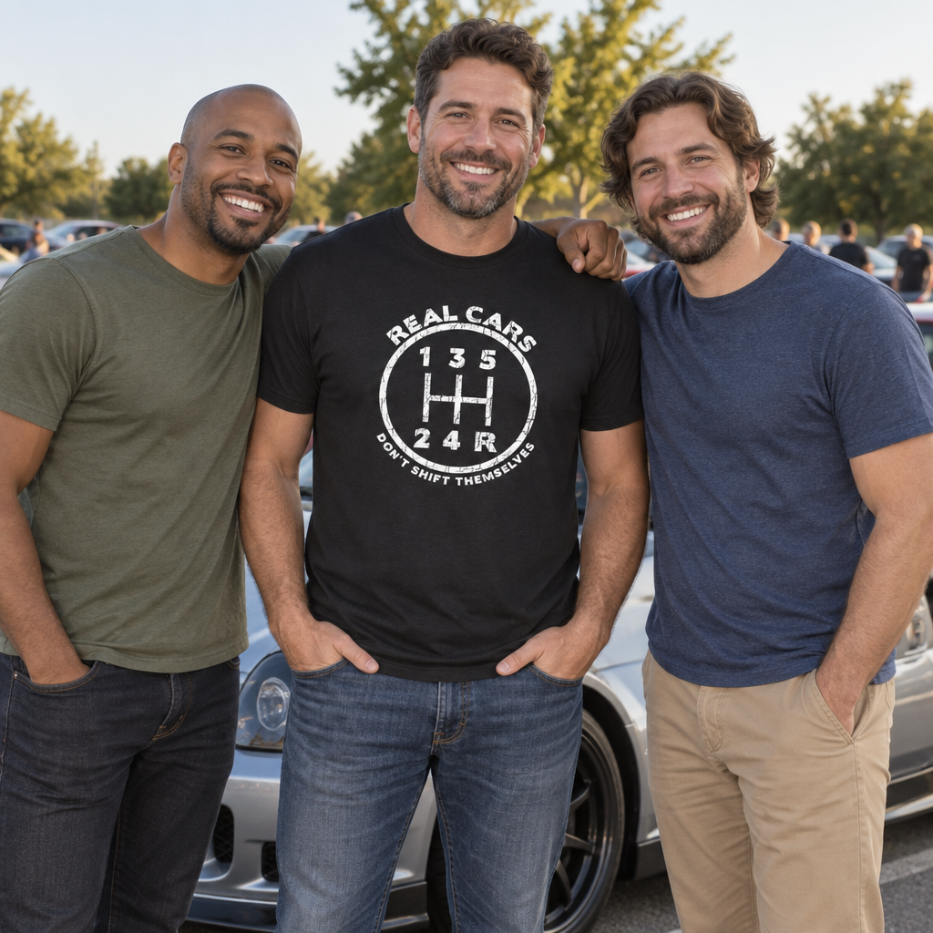 Real Cars Don't Shift Themselves — Black T-Shirt — lifestyle group