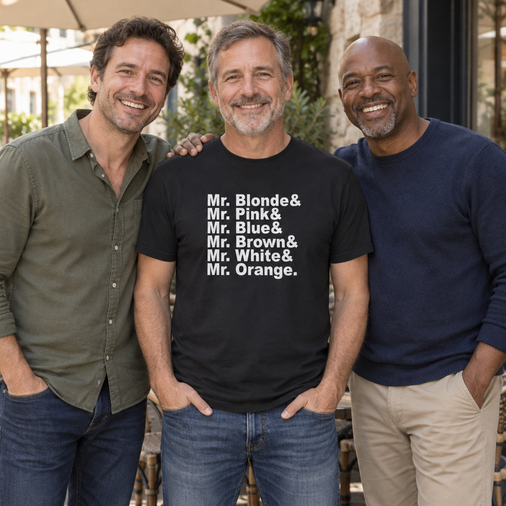 Mr Blonde Pink Blue Brown White Orange Names — Black T-Shirt — lifestyle group