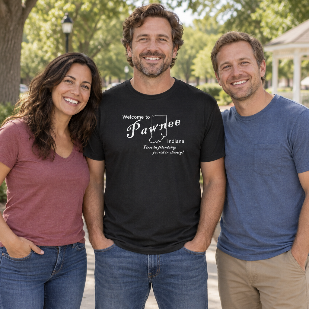 Welcome to Pawnee Indiana — Black T-Shirt — lifestyle group