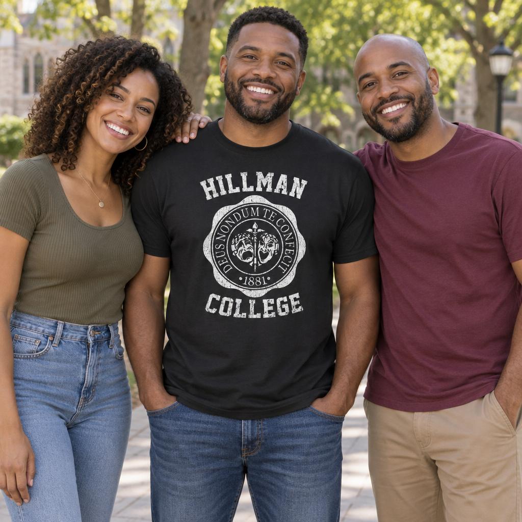 Hillman College Crest — Black T-Shirt — lifestyle group