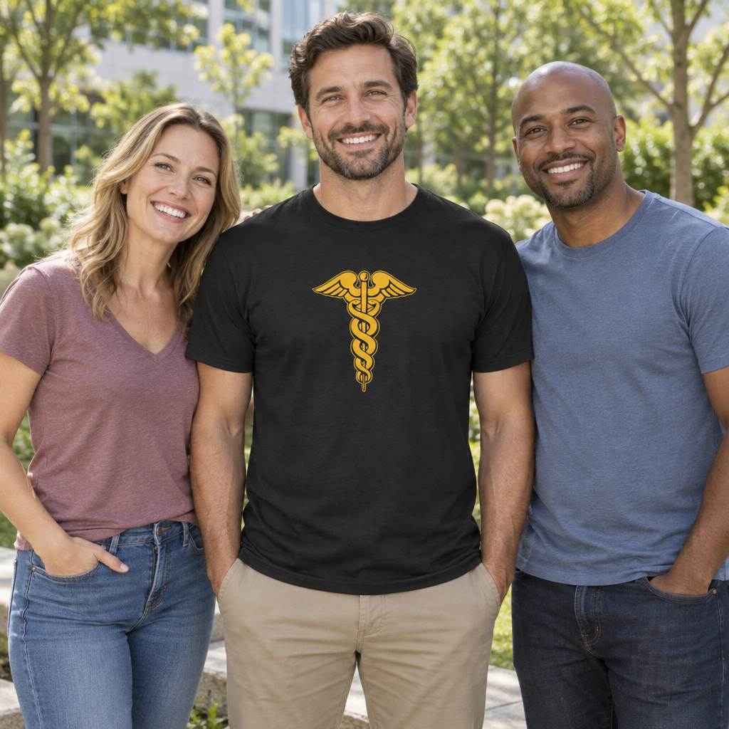 Gold Caduceus — Black T-Shirt — lifestyle group