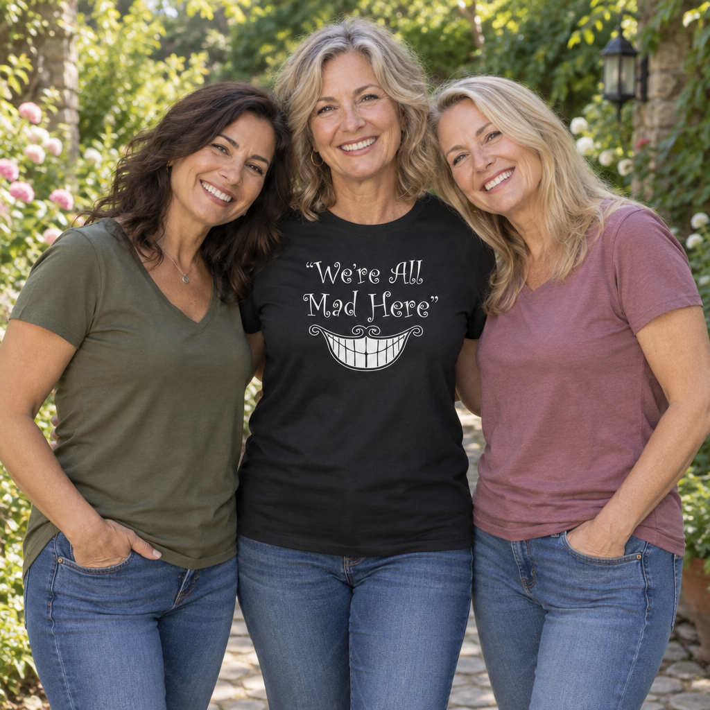 We're All Mad Here Grin — Black T-Shirt — lifestyle group