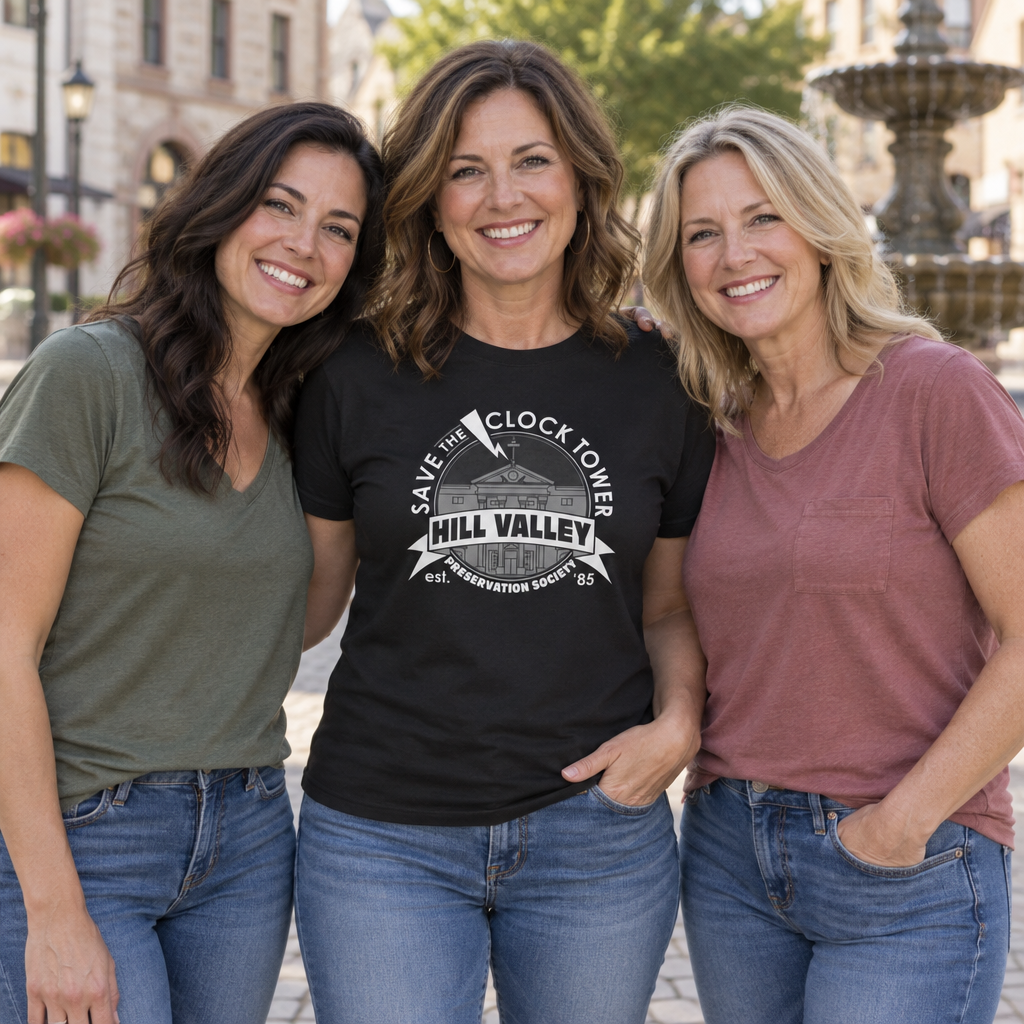 Save the Clock Tower Hill Valley — Black T-Shirt — lifestyle group