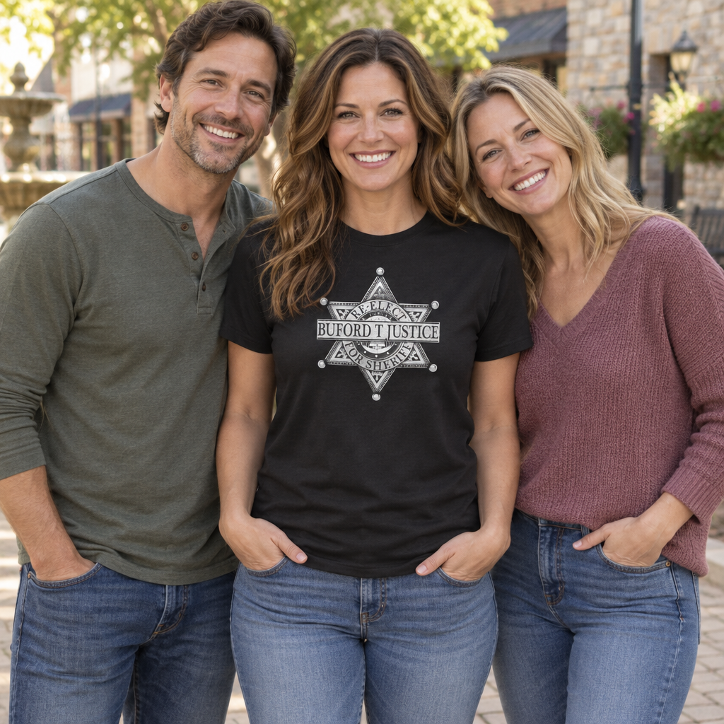 Buford T Justice Sheriff Badge — Black T-Shirt — lifestyle group