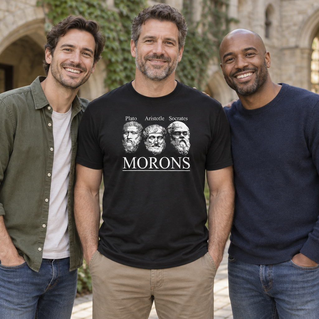 Morons Philosophers Portraits — Black T-Shirt — lifestyle group