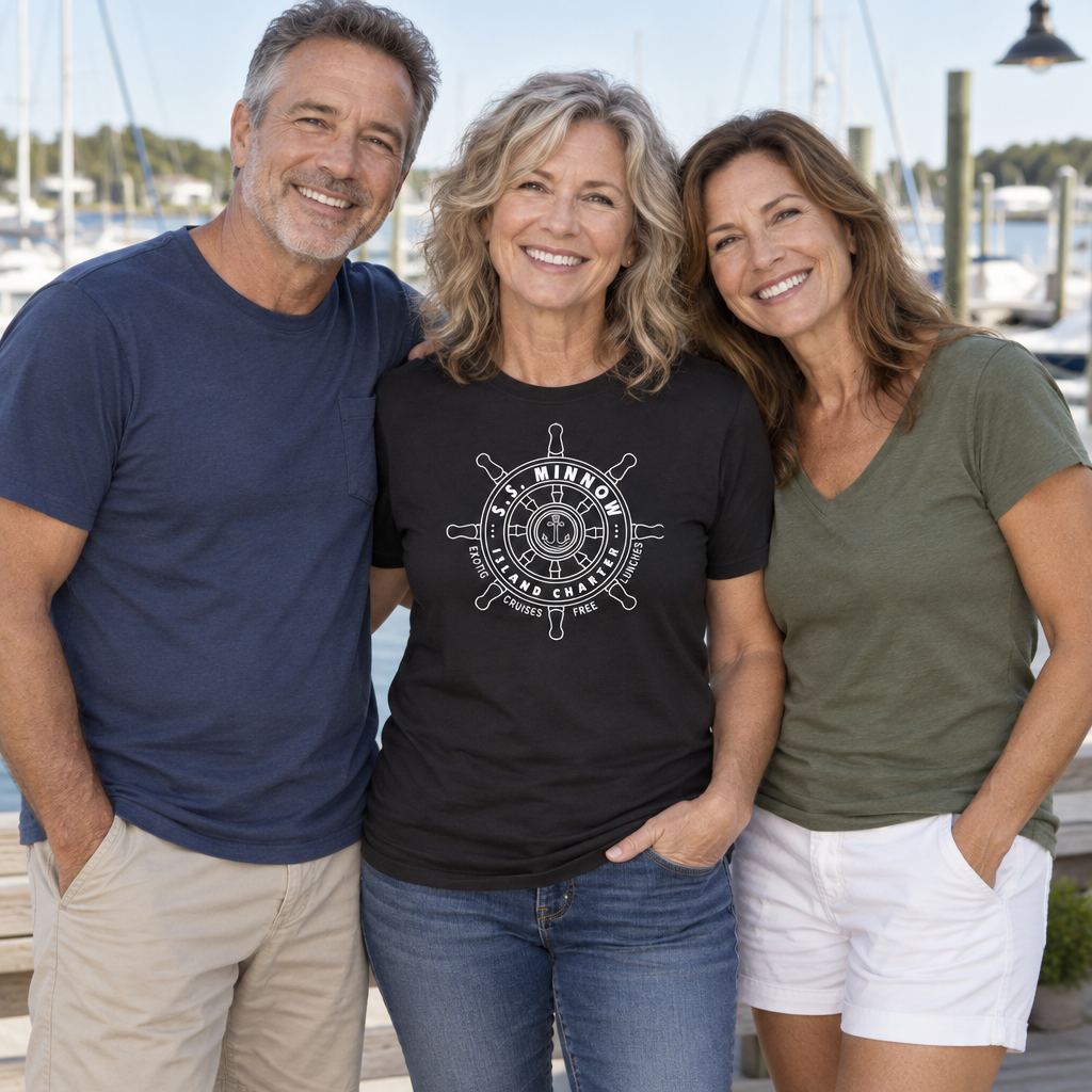 SS Minnow Charters — Black T-Shirt — lifestyle group