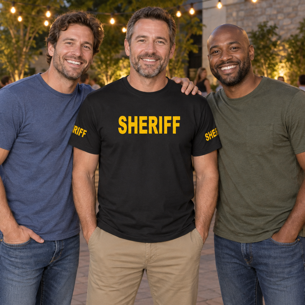 Sheriff Front and Sleeve Print — Black T-Shirt — lifestyle group