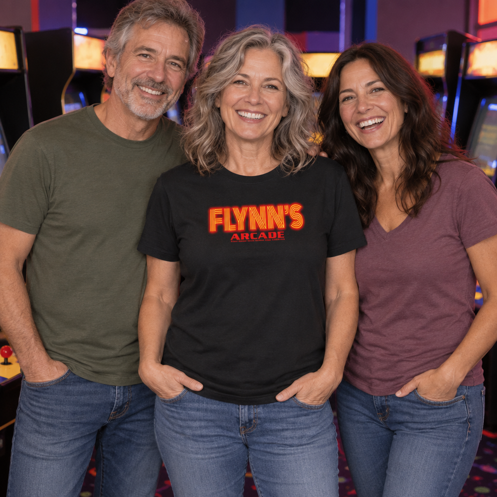 Flynn's Arcade — Black T-Shirt — lifestyle group