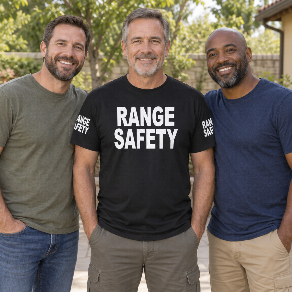 Range Safety Front and Sleeve Lettering — Black T-Shirt — lifestyle group