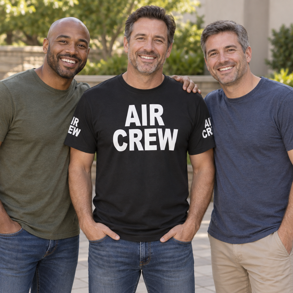 Air Crew Front and Sleeve Lettering — Black T-Shirt — lifestyle group