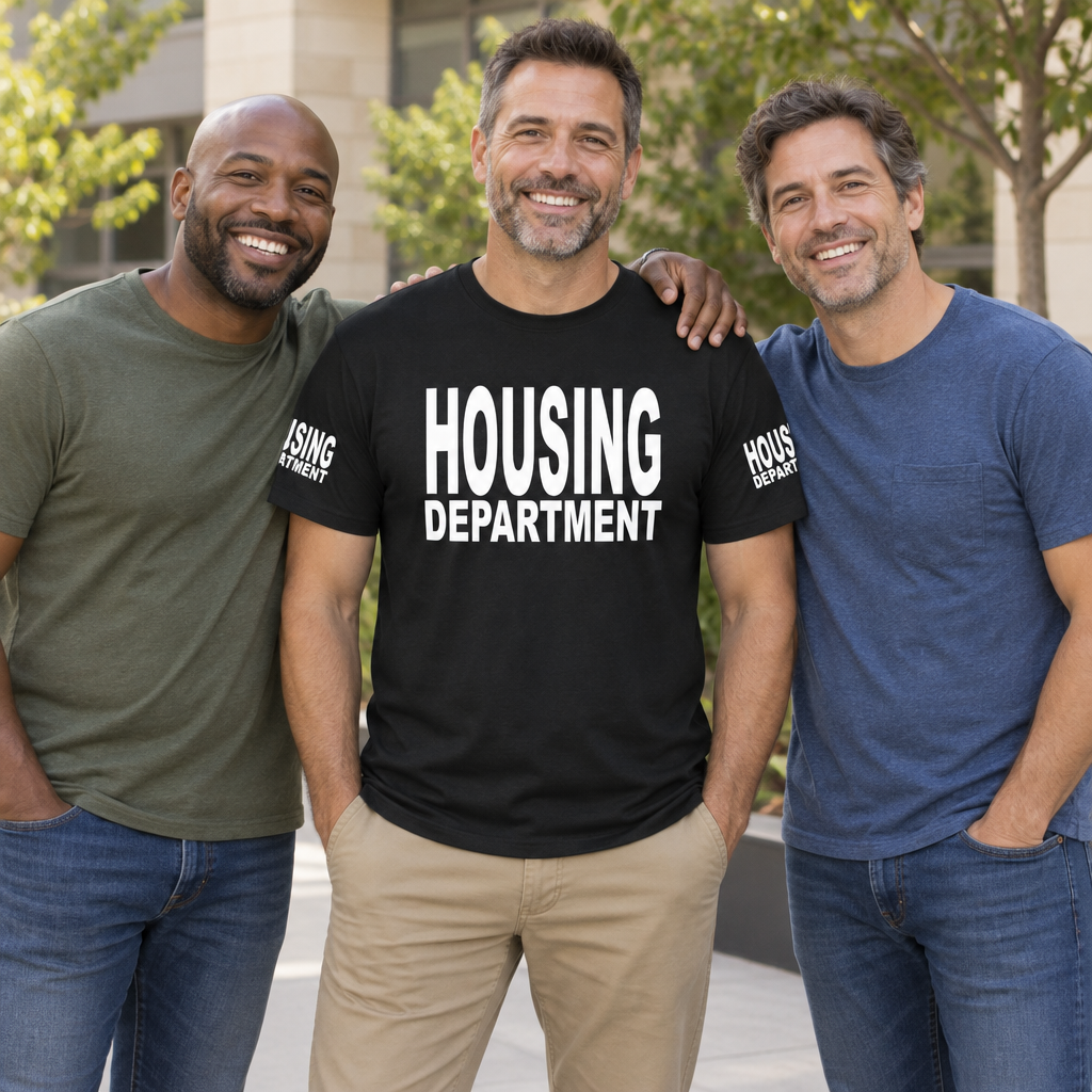 Housing Department Front and Sleeve Lettering — Black T-Shirt — lifestyle group