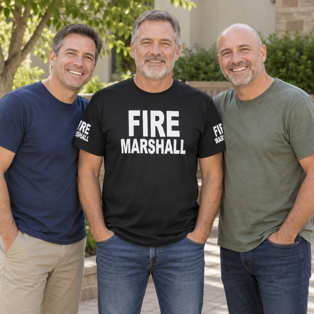 Fire Marshall Front and Sleeve Lettering — Black T-Shirt — lifestyle group