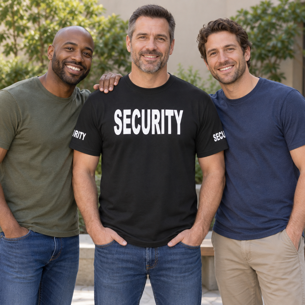 Security Front and Sleeve Lettering — Black T-Shirt — lifestyle group