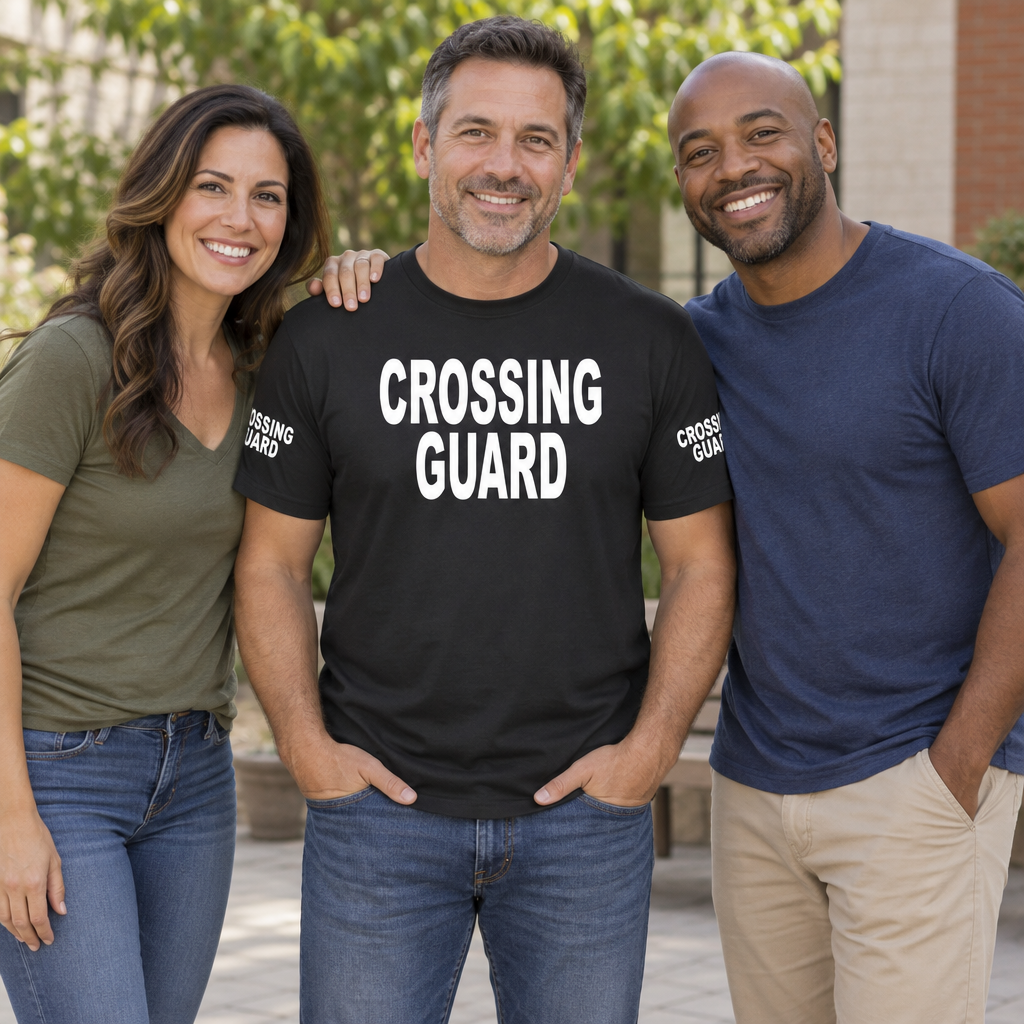 Crossing Guard Front and Sleeve Lettering — Black T-Shirt — lifestyle group