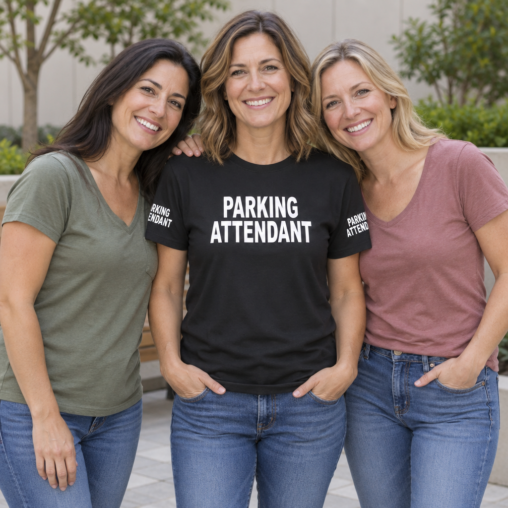 Parking Attendant Front and Sleeve Lettering — Black T-Shirt — lifestyle group