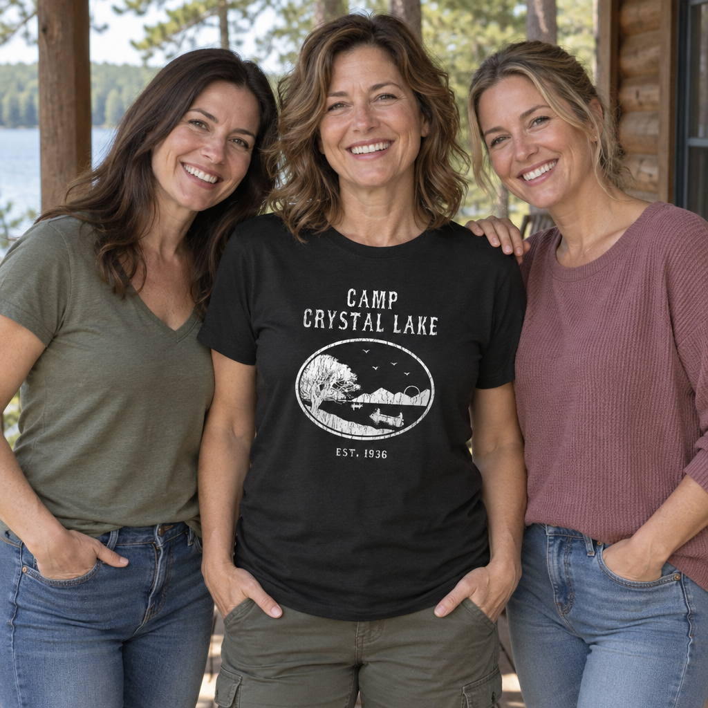 Camp Crystal Lake Scenic Emblem — Black T-Shirt — lifestyle group