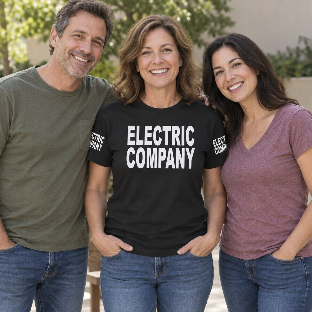 Electric Company Front and Sleeve Lettering — Black T-Shirt — lifestyle group