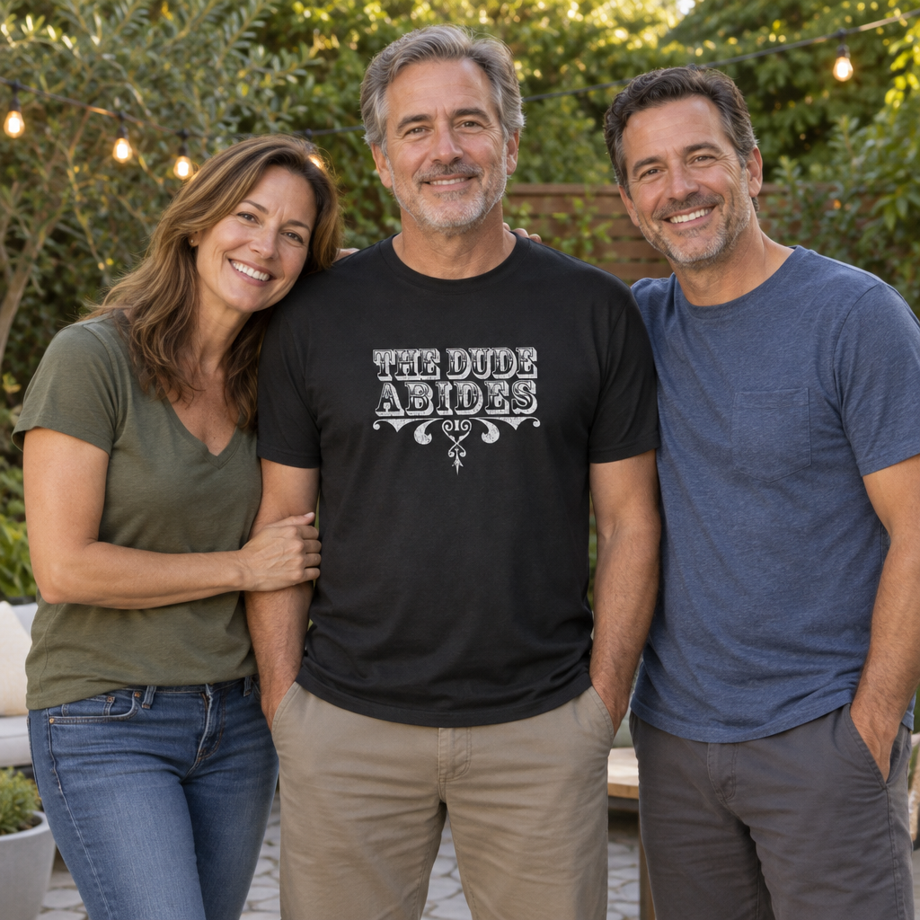 The Dude Abides Decorative Lettering — Black T-Shirt — lifestyle group