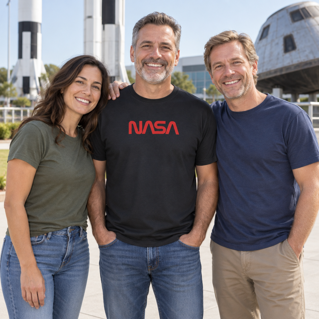 NASA Red Worm Lettering — Black T-Shirt — lifestyle group