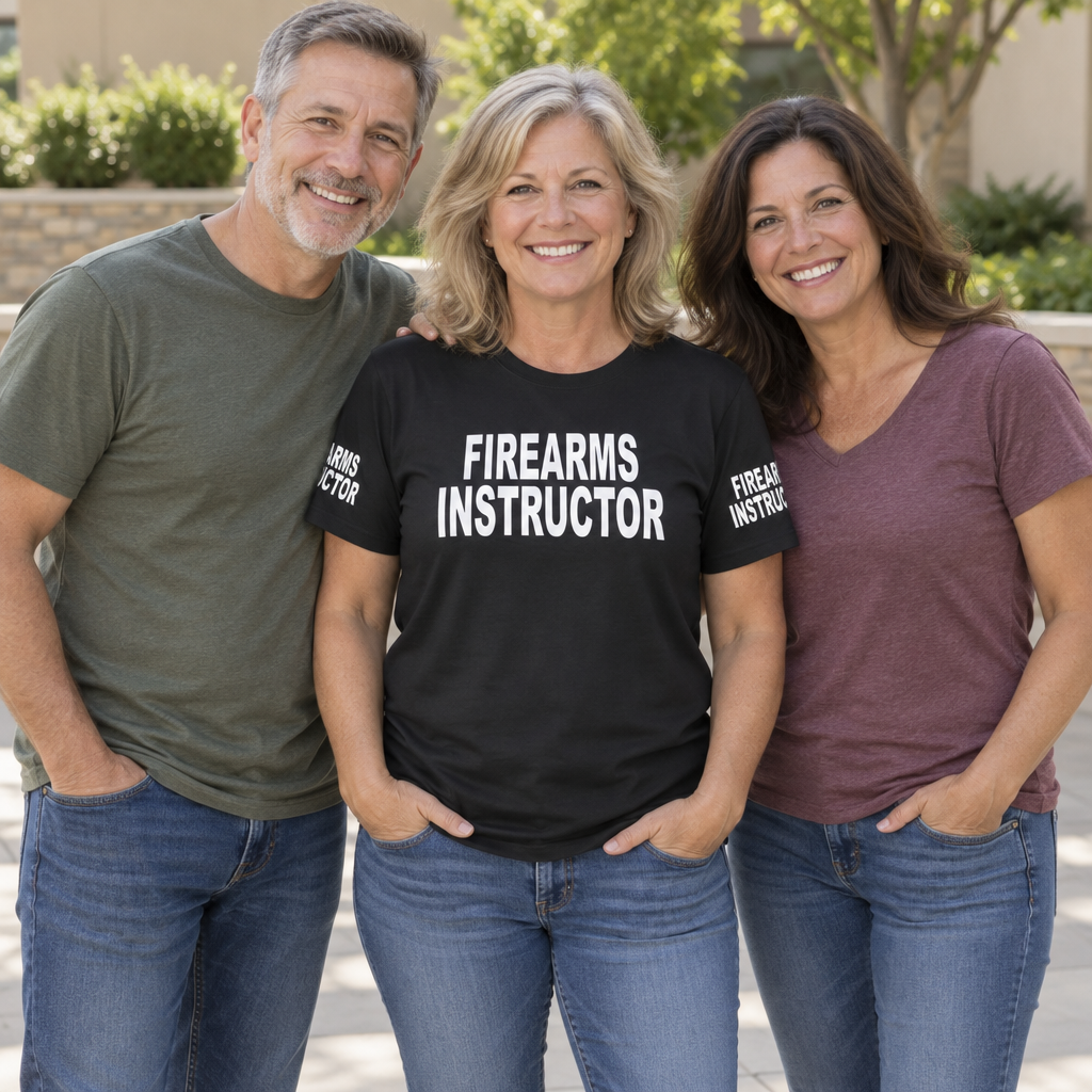 Firearms Instructor Front and Sleeve Lettering — Black T-Shirt — lifestyle group