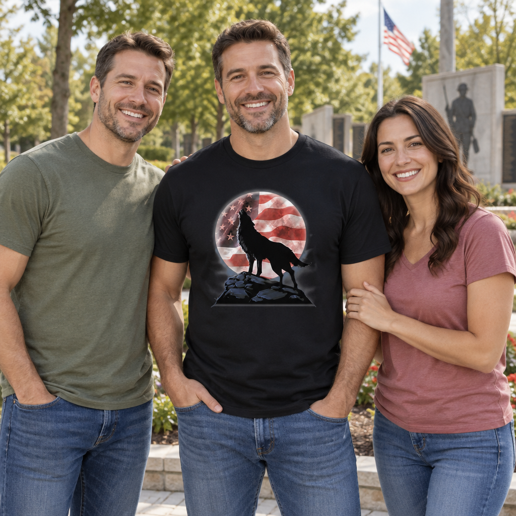 Wolf and American Flag Moon — Black T-Shirt — lifestyle group