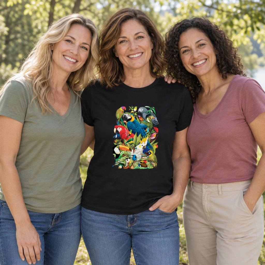 Tropical Birds — Black T-Shirt — lifestyle group
