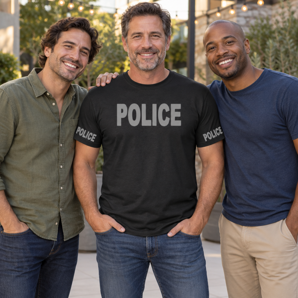 Police Front and Sleeve Print — Black T-Shirt — lifestyle group