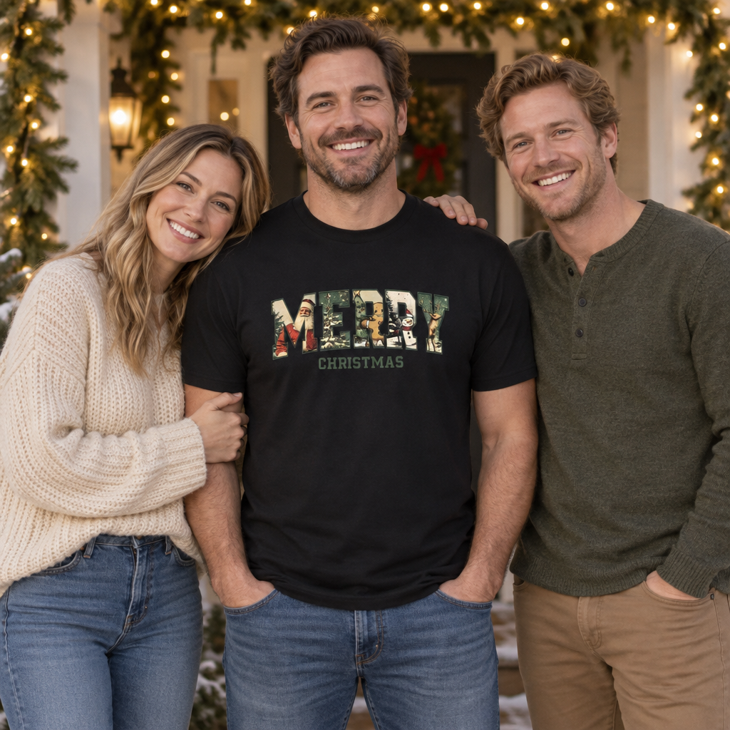 Vintage Merry Christmas — Black T-Shirt — lifestyle group