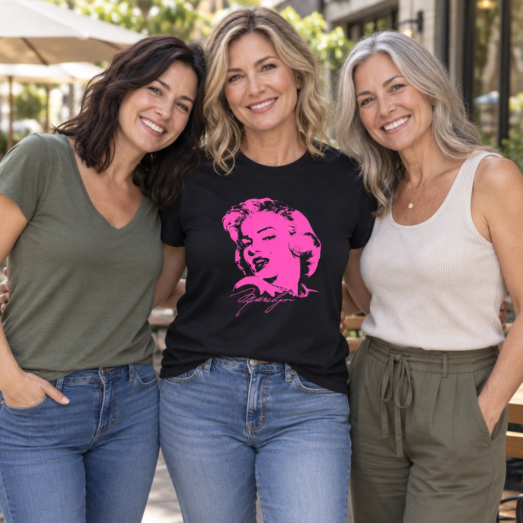 Pink Hollywood Portrait — Black T-Shirt — lifestyle group