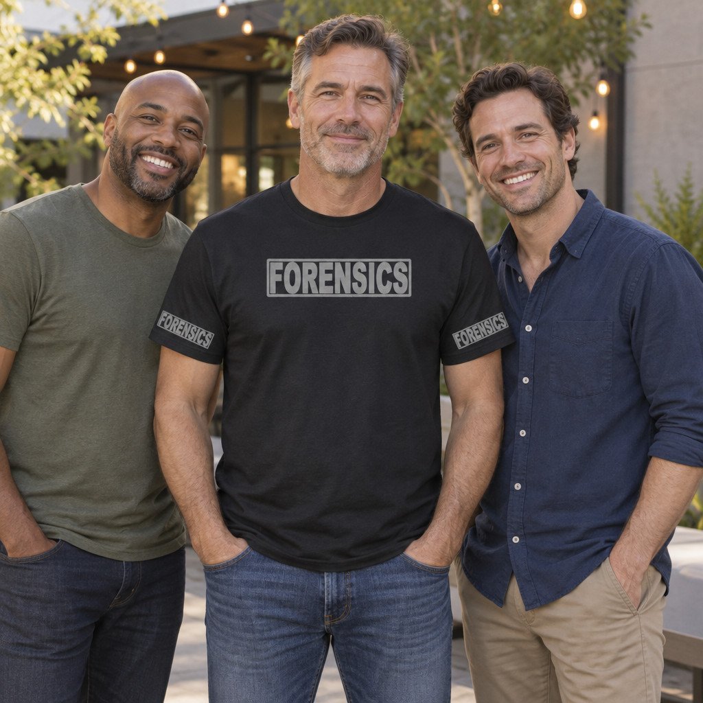 Forensics Front and Sleeve Print — Black T-Shirt — lifestyle group