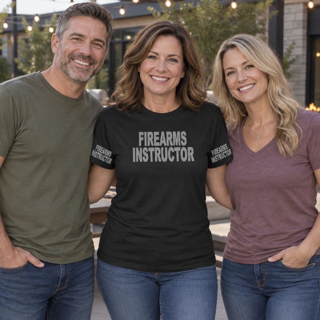 Firearms Instructor Front and Sleeve Print — Black T-Shirt — lifestyle group